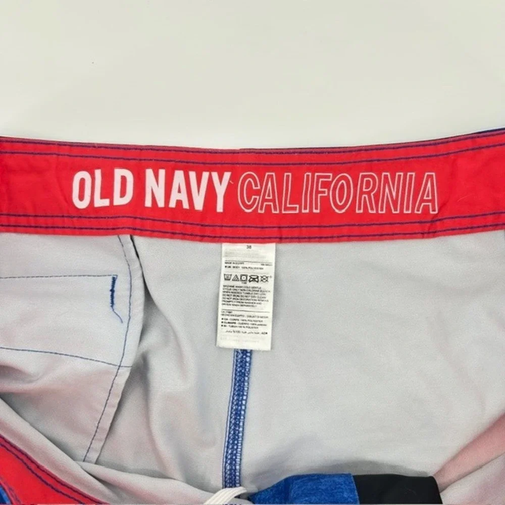 Old Navy California Mens Board Shorts Size 38 Tropical Palm Colorblock Blue Red